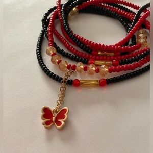“WINGS OF A BUTTERFLY” DUO WAISTBEAD SET RED & BLACK w/a DAINTY BUTTERFLY CHARM